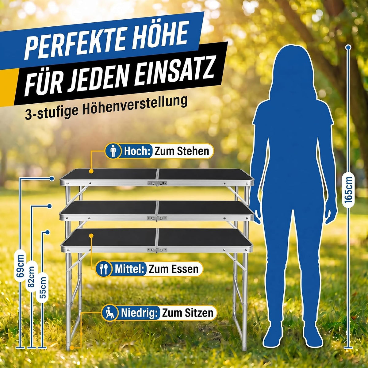 Klapptisch 120x60cm - Höhenverstellbarer Campingtisch Faltbar #Farbe_Schwarz