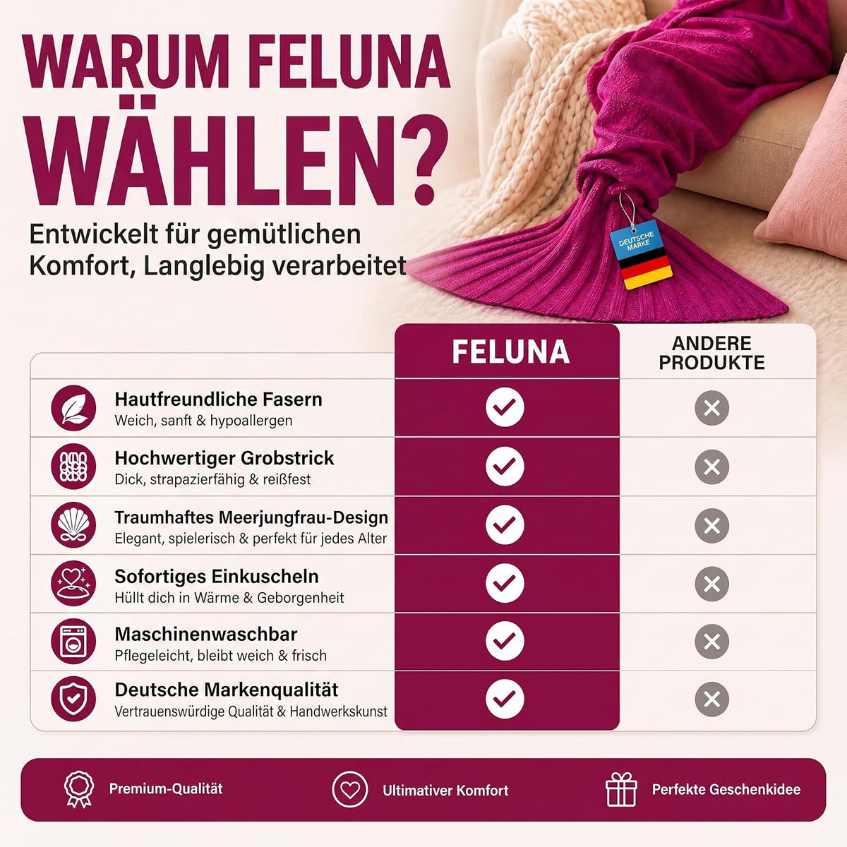 Feluna Meerjungfrau Kuscheldecke – 180x85 cm – Weiche Strickdecke #Farbe_Magenta