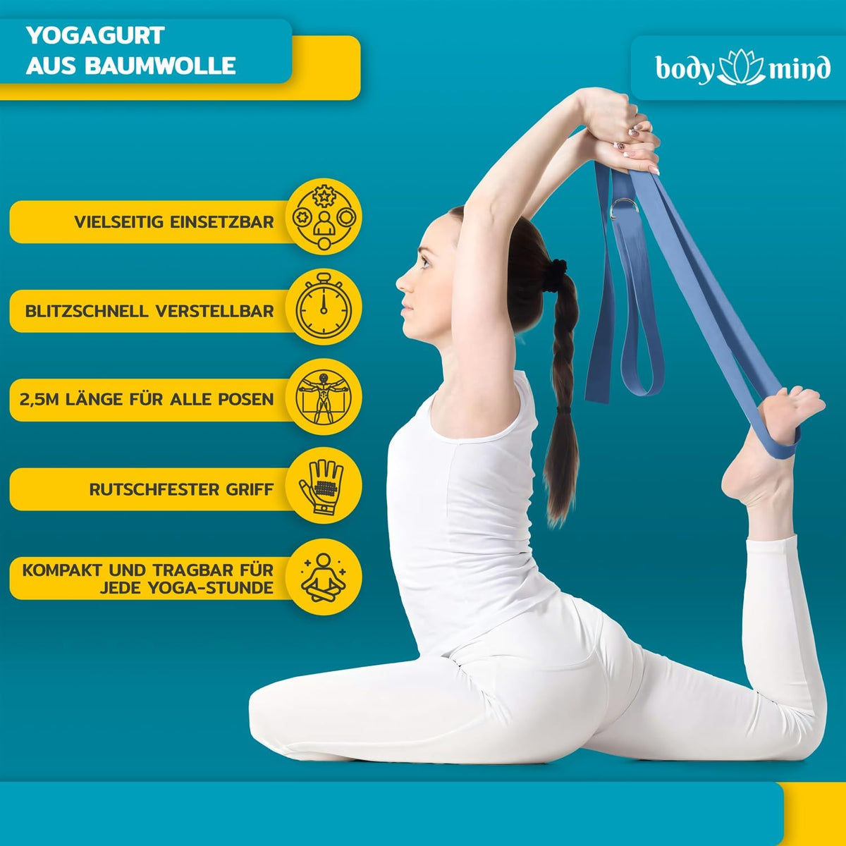Yoga Gurt 250 cm mit Metall-D-Ring - Rutschfest & Langlebig #Farbe_Blau-Grau