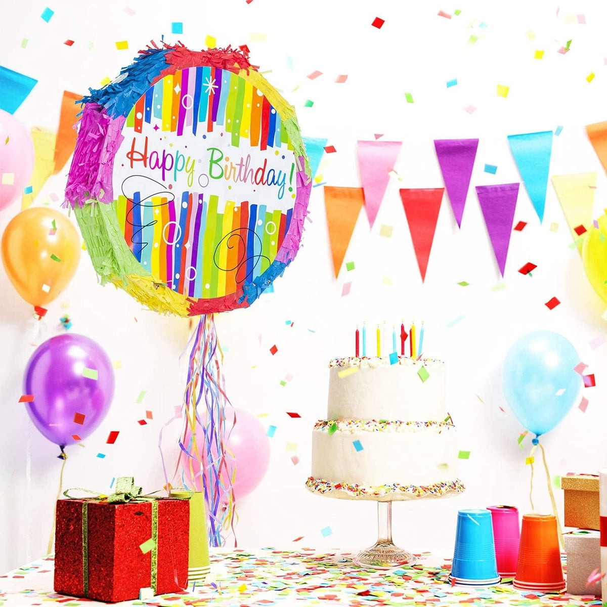 Piñata Set für Kindergeburtstag mit Stab & Augenmaske – Bunter Spaß