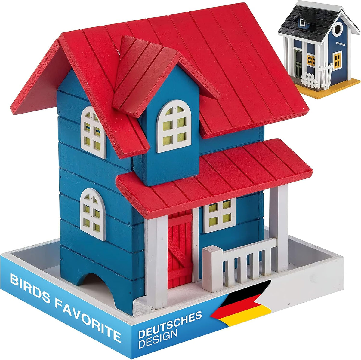 Luxus Vogelhaus im Landhaus-Stil - Fertig montiertes Futterhaus #Variante_Futterplatz (Rot/Blau)