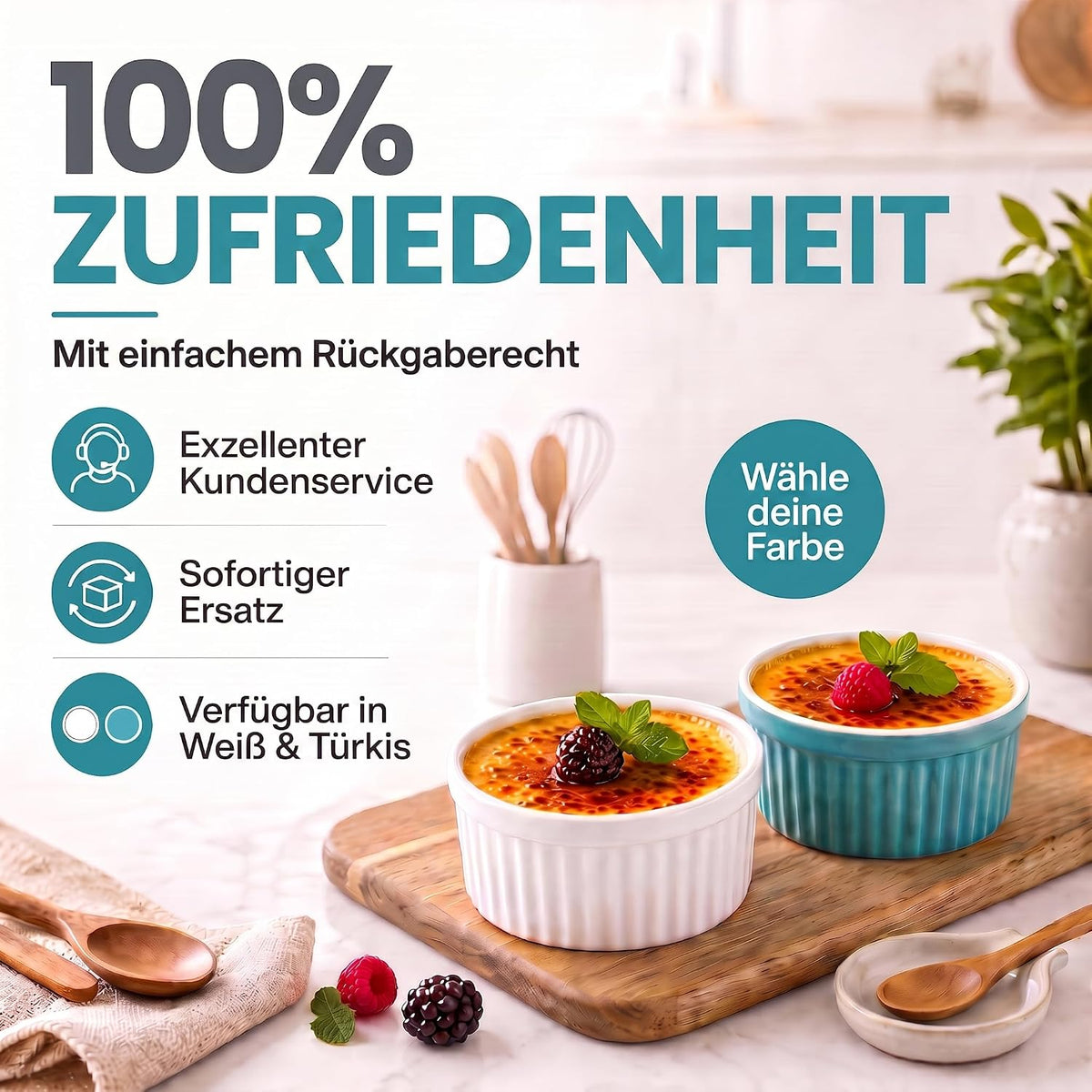 8er Set Dessertschalen & Creme-Brulée-Förmchen aus Keramik Weiß #Farbe_Türkies