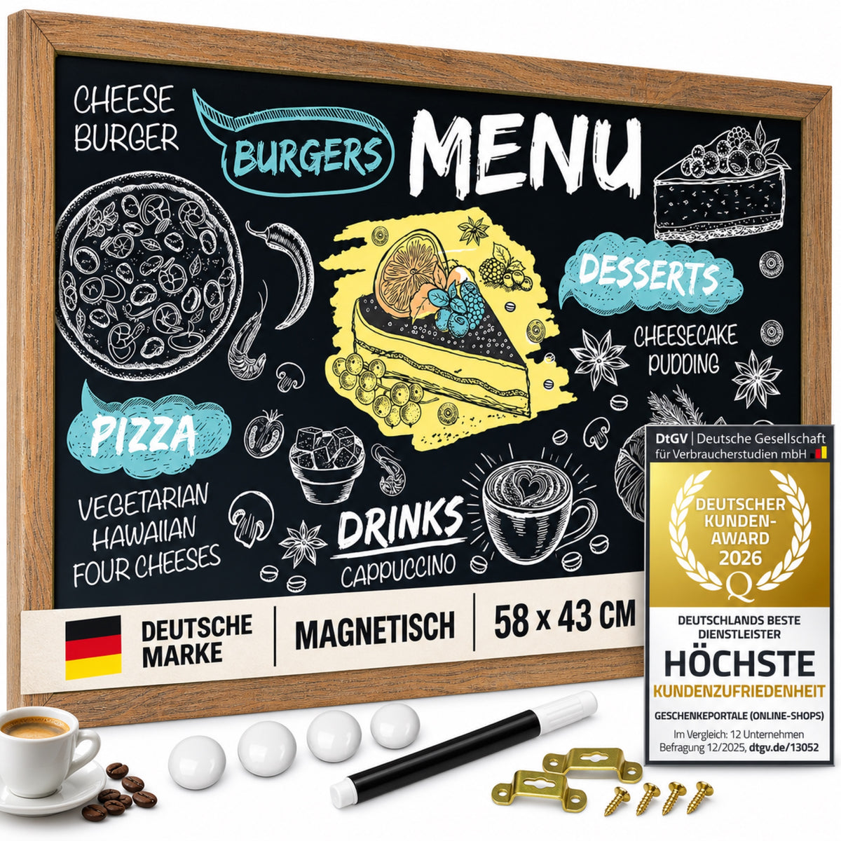 Magnettafel mit Holzrahmen XL 58 × 43 cm mit Zubehör, Deutsche Marke und DtGV Kundenzufriedenheit, ohne Prüfengel