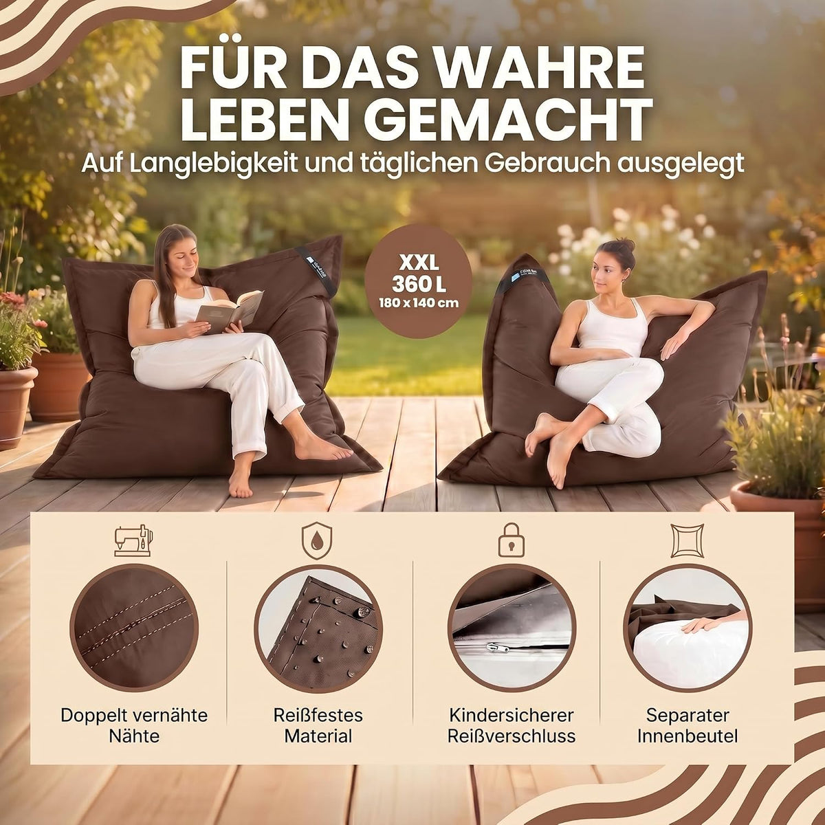 LazyBag XXL Outdoor-Nylon-Sitzsack Braun – Produktbild 12 #Farbe_Braun