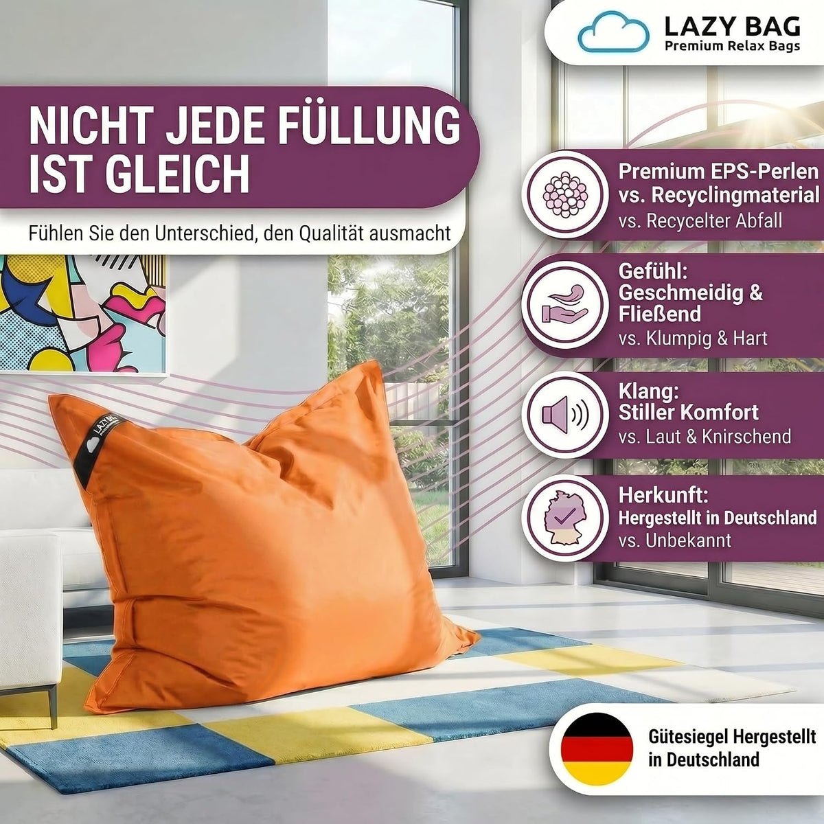 LazyBag Outdoor Sitzsack Junior – Wasserfestes Sitzkissen für Kinder #Farbe_Orange