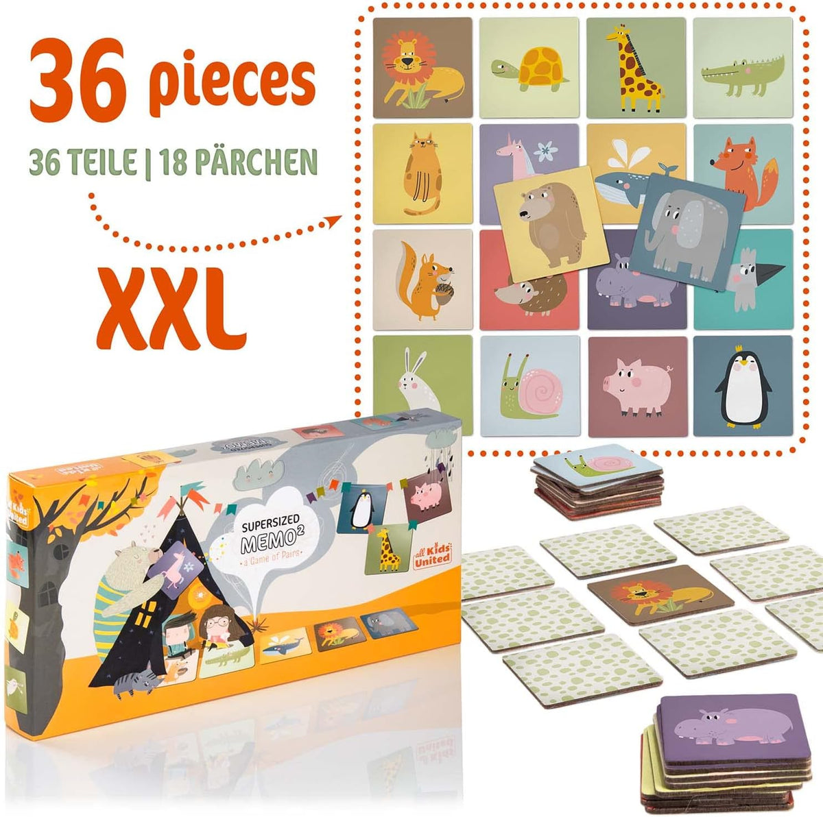 Memo² Holz-Memory für Kinder - Hochwertiges Tier-Gedächtnisspiel #Variante_Jumbo XXL (36 Karten)