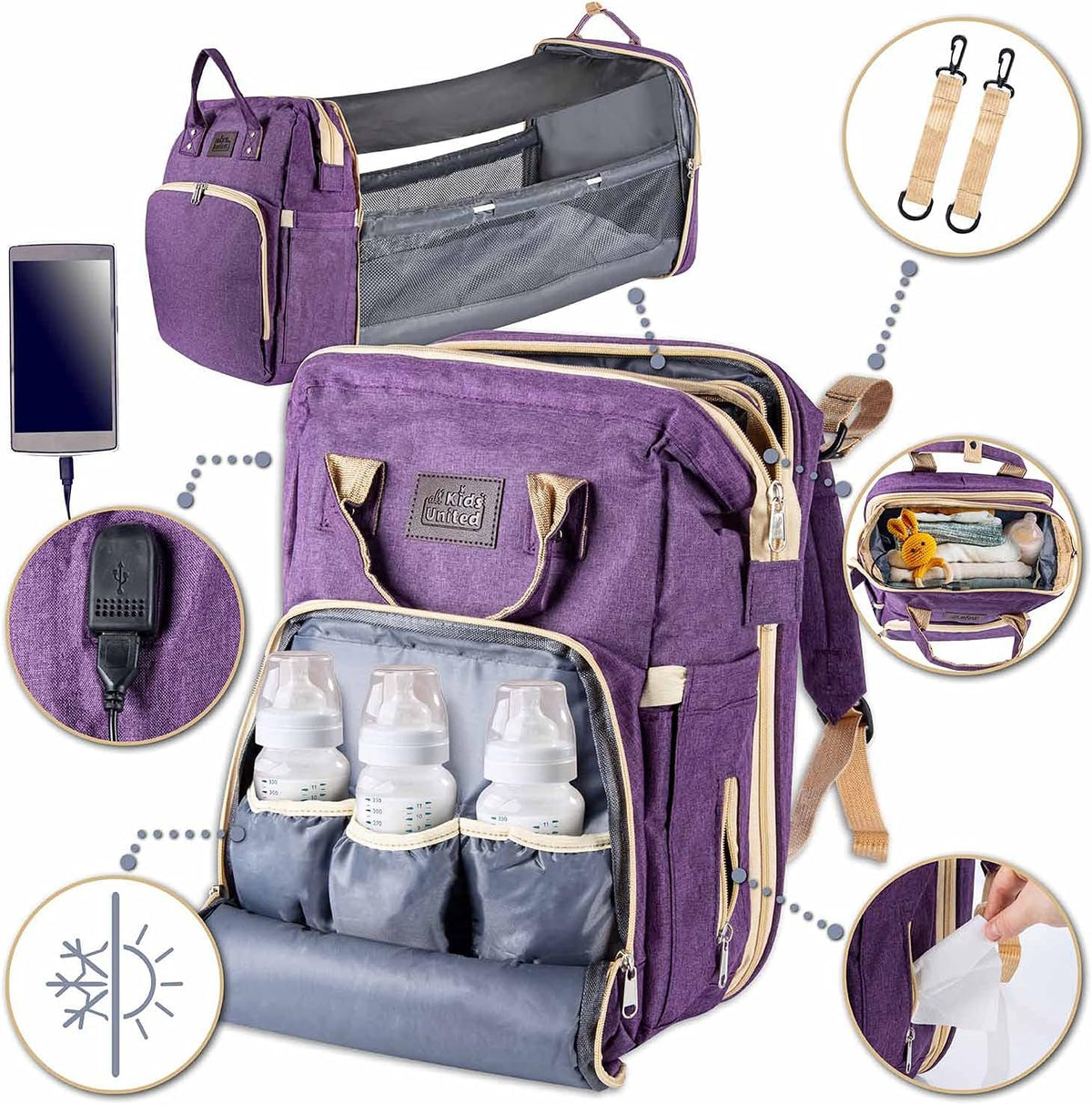 all Kids United® 2in1 Wickelrucksack & Reisebett – Premium Qualität #Farbe_Grau