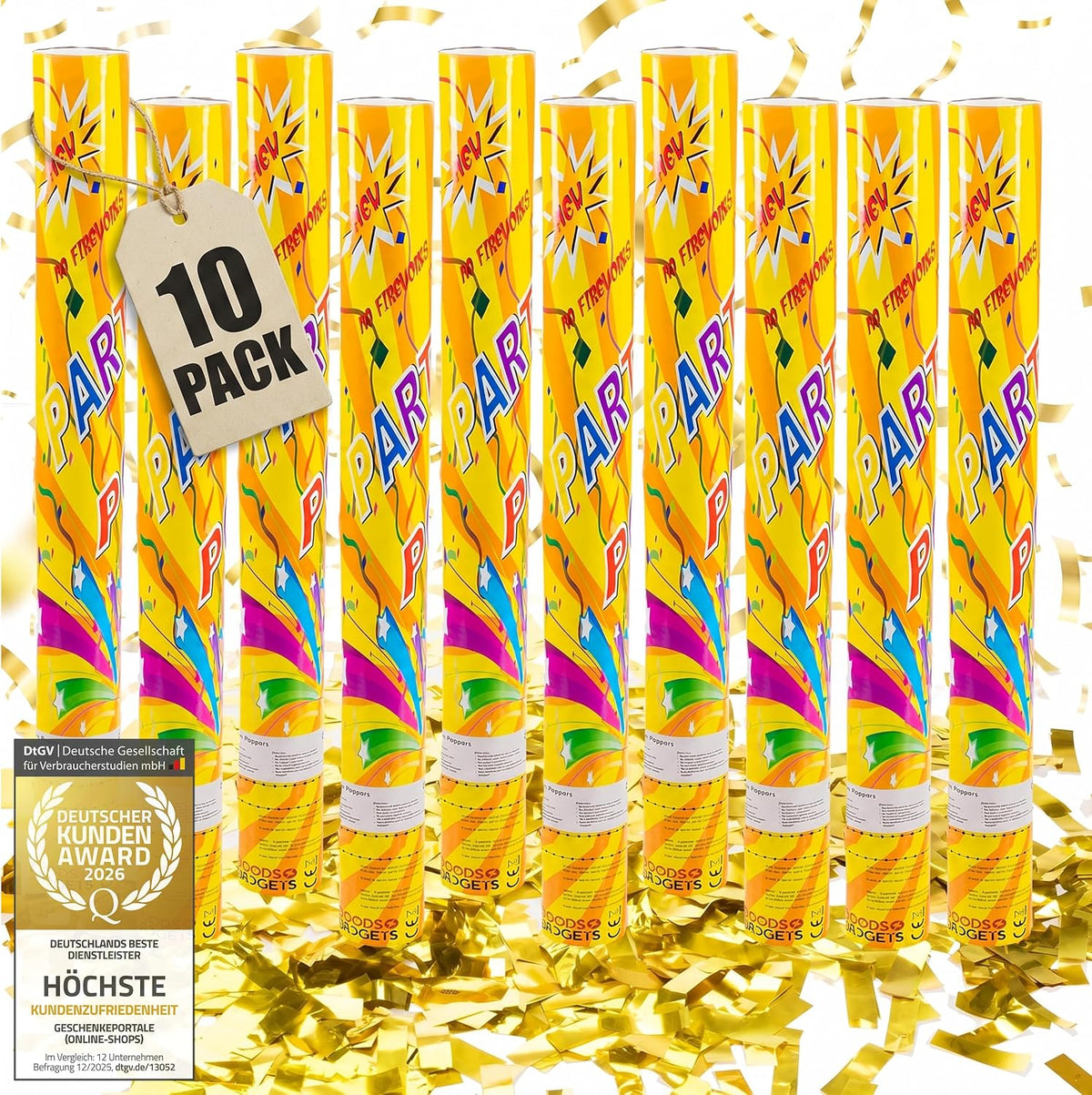 Konfettikanone XXL 60cm Gold Metallic - Party-Shooter für Events #Anzahl_10