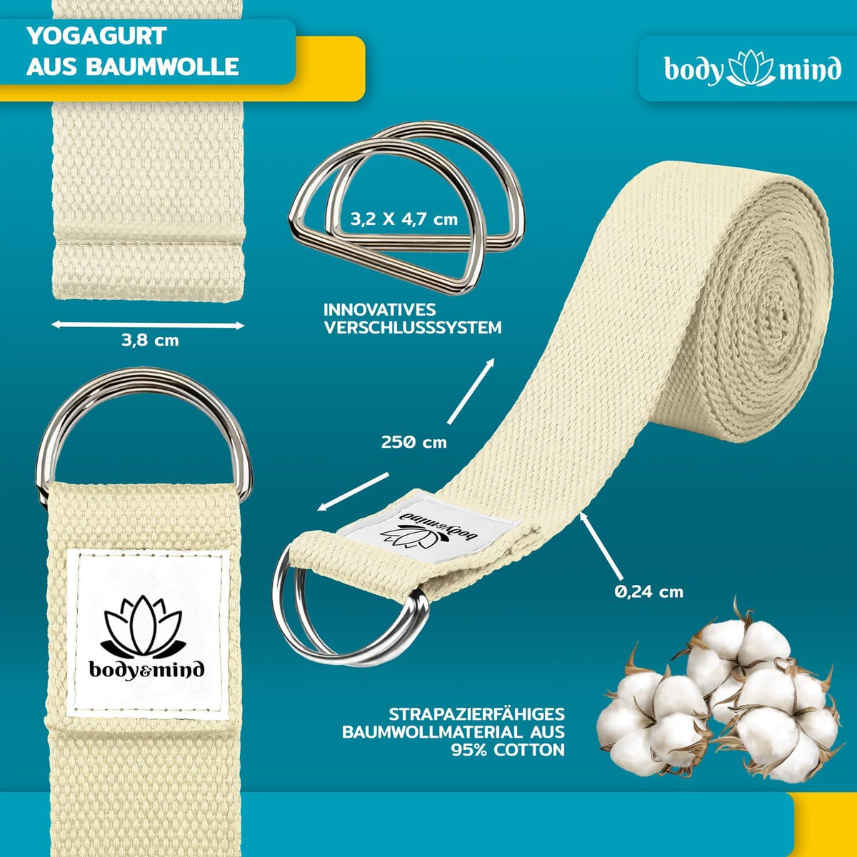 Yoga Gurt 250 cm mit Metall-D-Ring - Rutschfest & Langlebig #Farbe_Beige