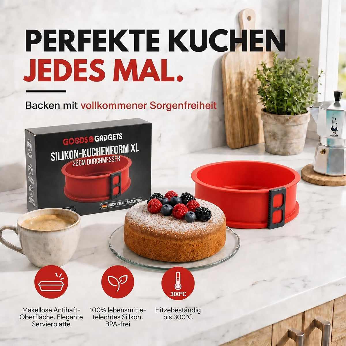 Silikon-Springform 23cm mit Glasboden – Auslaufsicher & Antihaft #Farbe_Rot