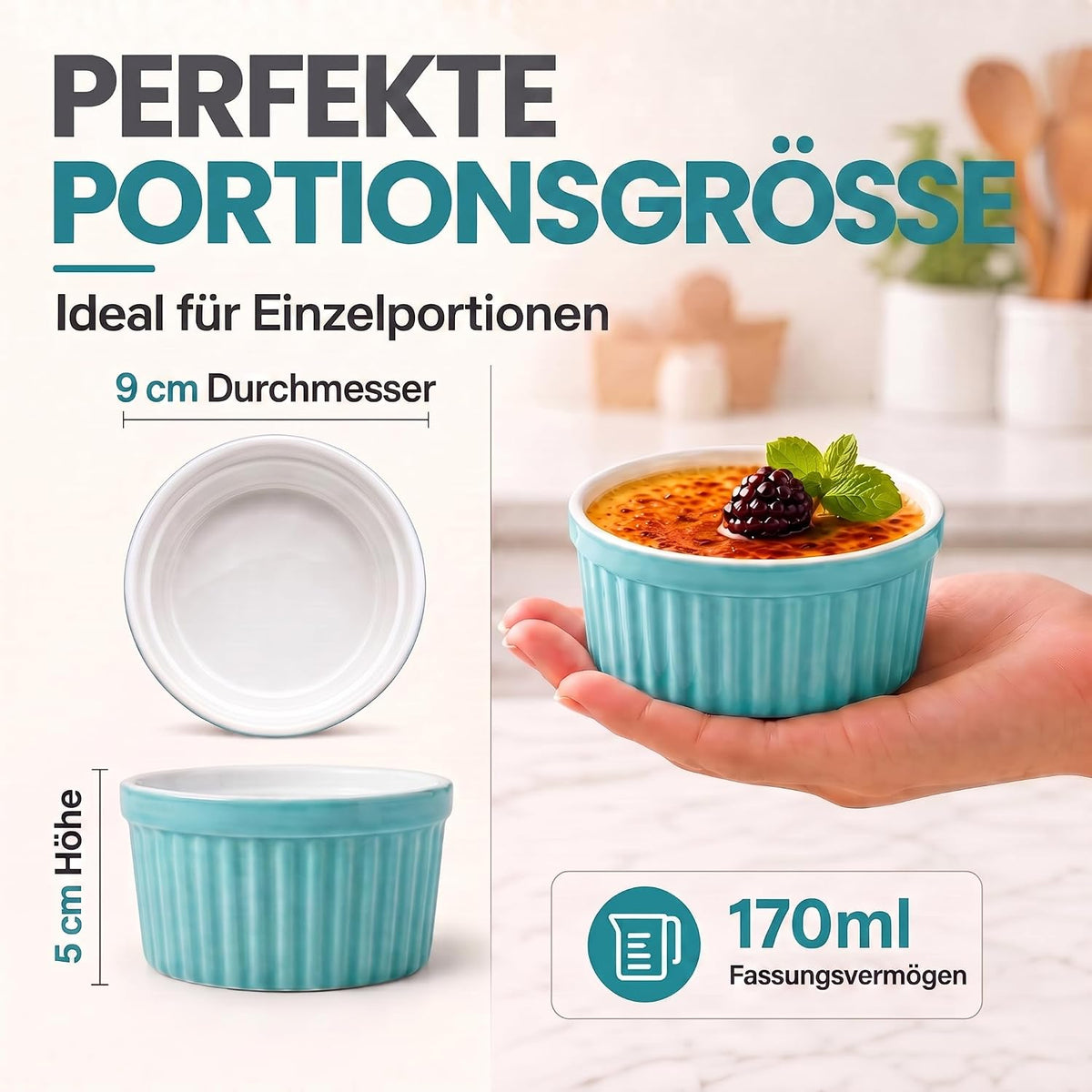 8er Set Dessertschalen & Creme-Brulée-Förmchen aus Keramik Weiß #Farbe_Türkies