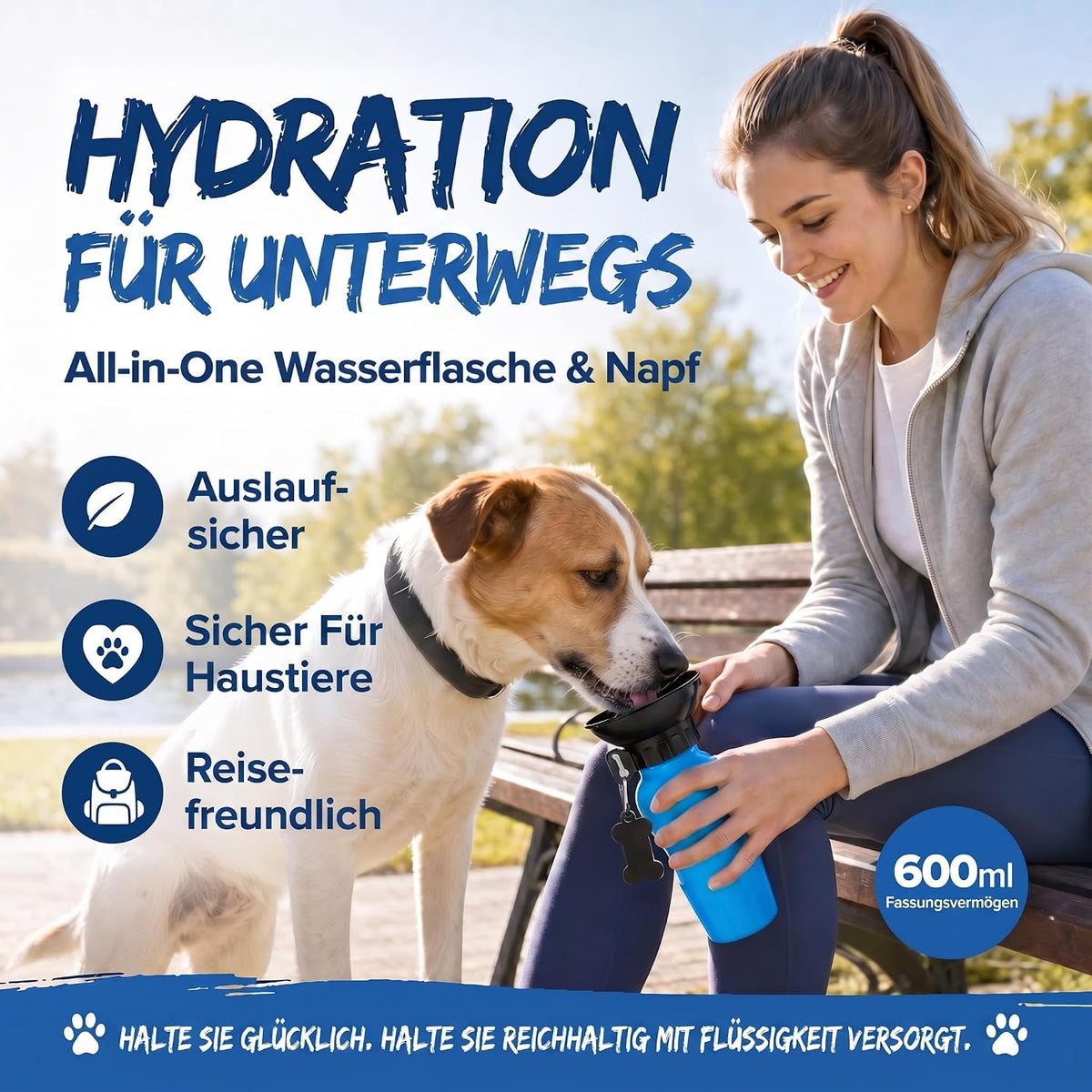 Hunde-Trinkflasche 600ml mit Napf – Auslaufsicher für Unterwegs #Farbe_Blau