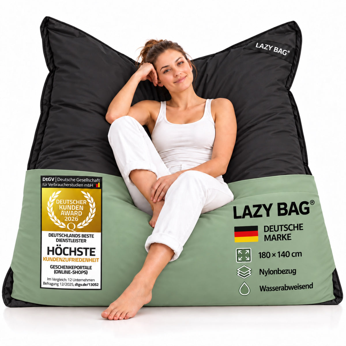 LazyBag XXL Outdoor-Nylon-Sitzsack Schwarz – 180 × 140 cm #Farbe_Schwarz
