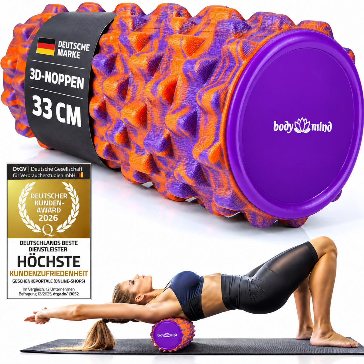 Body & Mind Faszienrolle Orange-Lila mit 3D-Noppen, Anwendungsbeispiel und Deutscher Kunden Award 2026 #Farbe_Orange-Lila