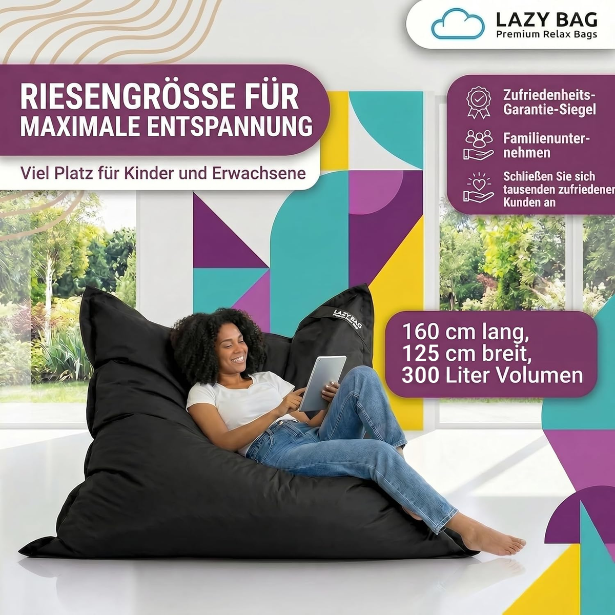 LazyBag Outdoor Sitzsack Junior – Wasserfestes Sitzkissen für Kinder #Farbe_Schwarz
