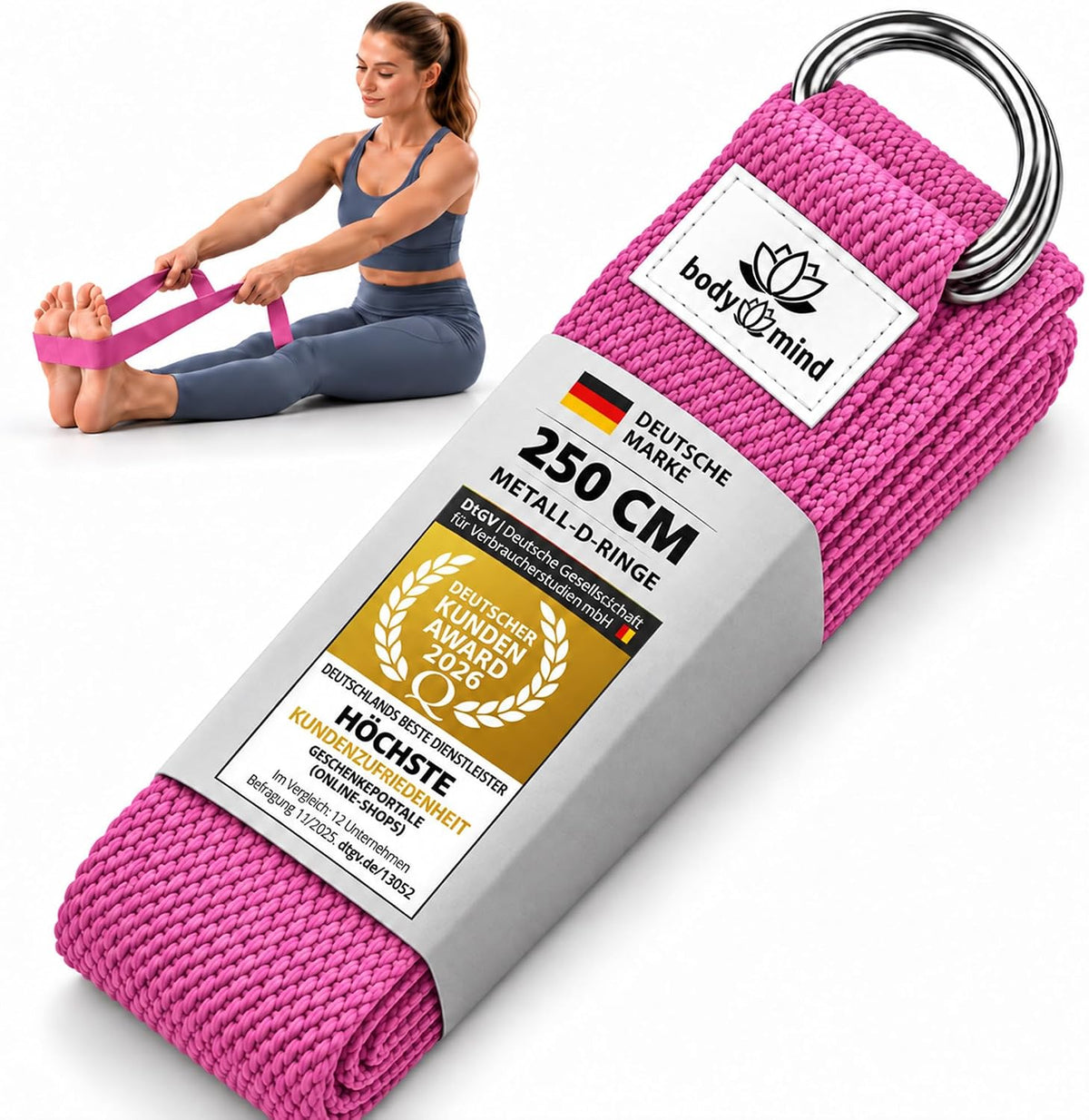 Body & Mind Yogagurt 250 cm Rosenquarz mit D-Ring #Farbe_Rot