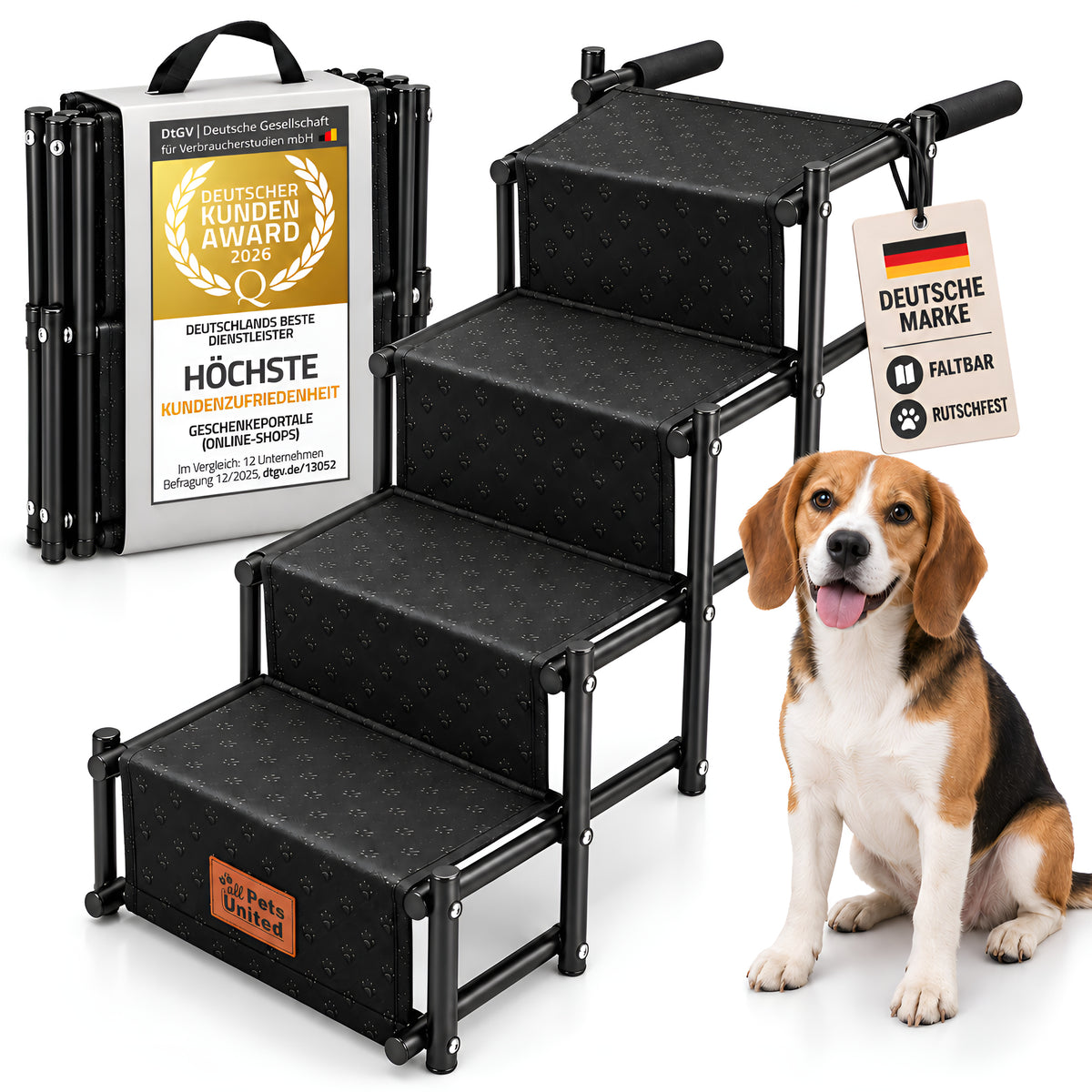 all Pets United faltbare Hundetreppe mit vier Stufen – mit Hund, DtGV 2026 und Markenanhänger