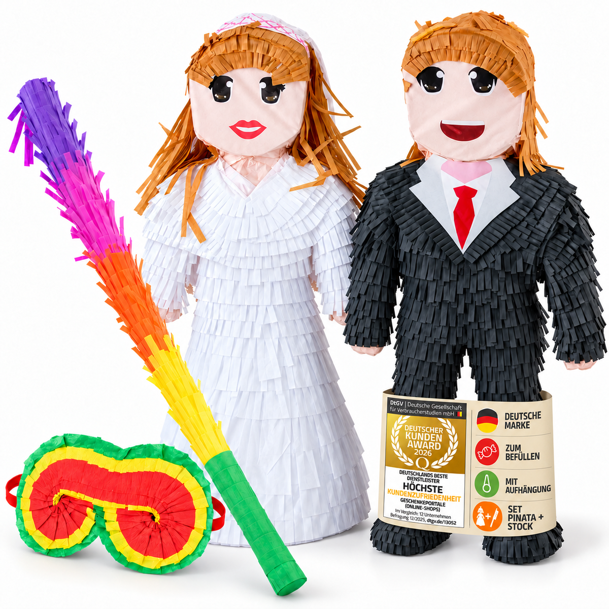 Piñata Set für Kindergeburtstag mit Stab & Augenmaske – Bunter Spaß