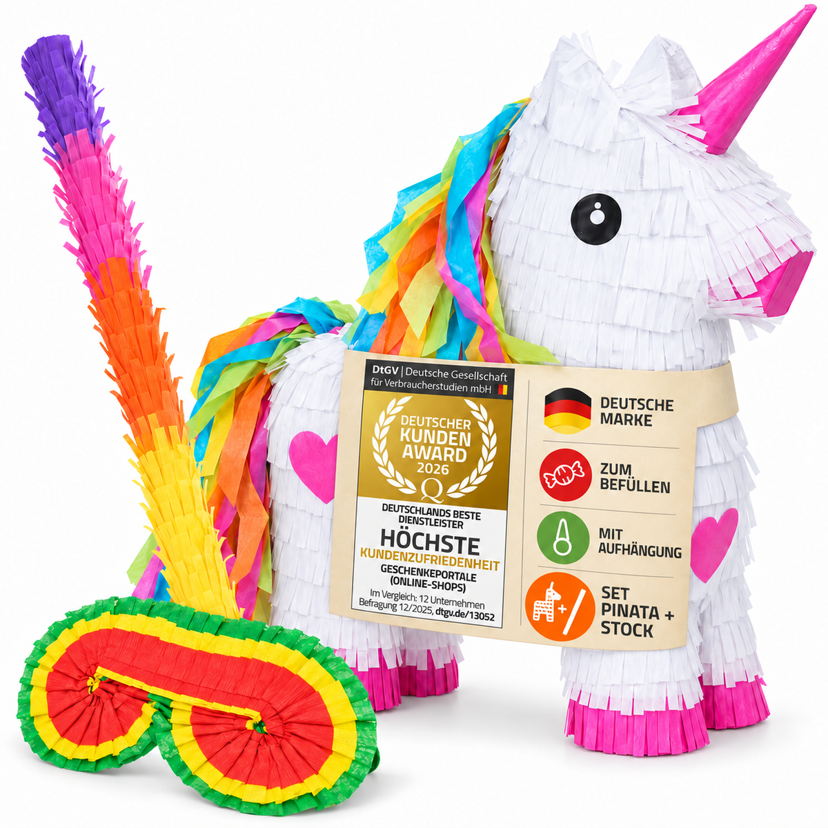 Piñata Set für Kindergeburtstag mit Stab & Augenmaske – Bunter Spaß