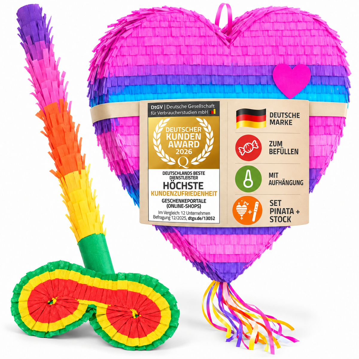 Piñata Set für Kindergeburtstag mit Stab & Augenmaske – Bunter Spaß
