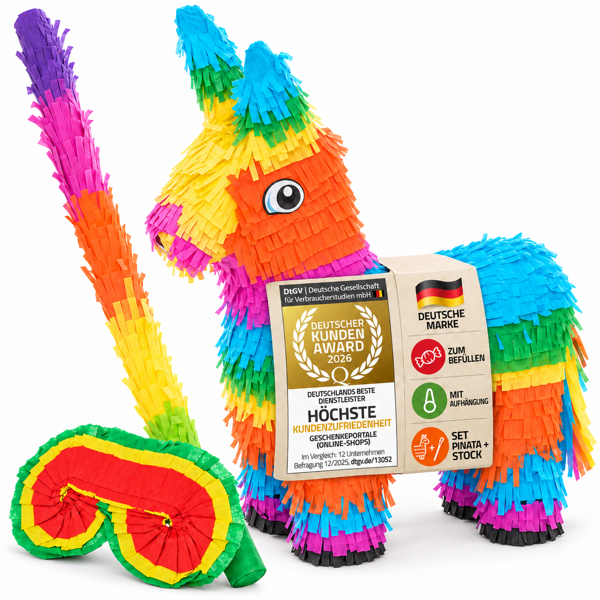 Piñata Set für Kindergeburtstag mit Stab & Augenmaske – Bunter Spaß