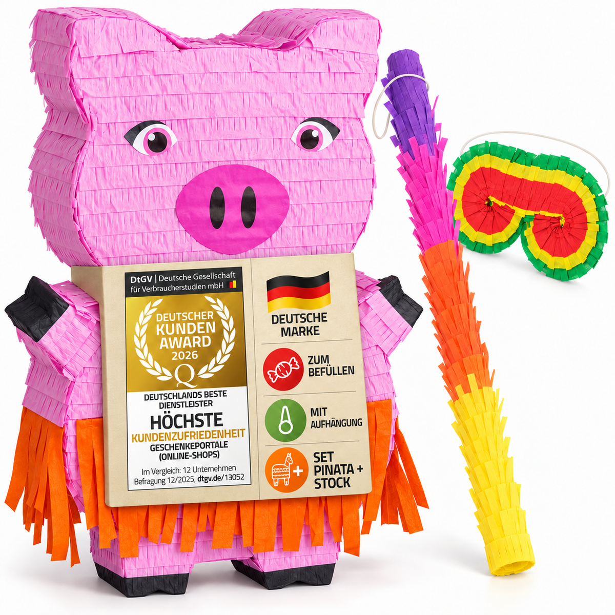 Piñata Set für Kindergeburtstag mit Stab & Augenmaske – Bunter Spaß