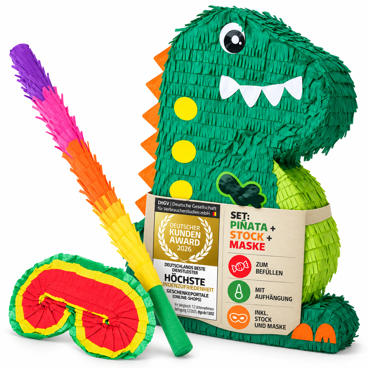 Piñata Set für Kindergeburtstag mit Stab & Augenmaske – Bunter Spaß