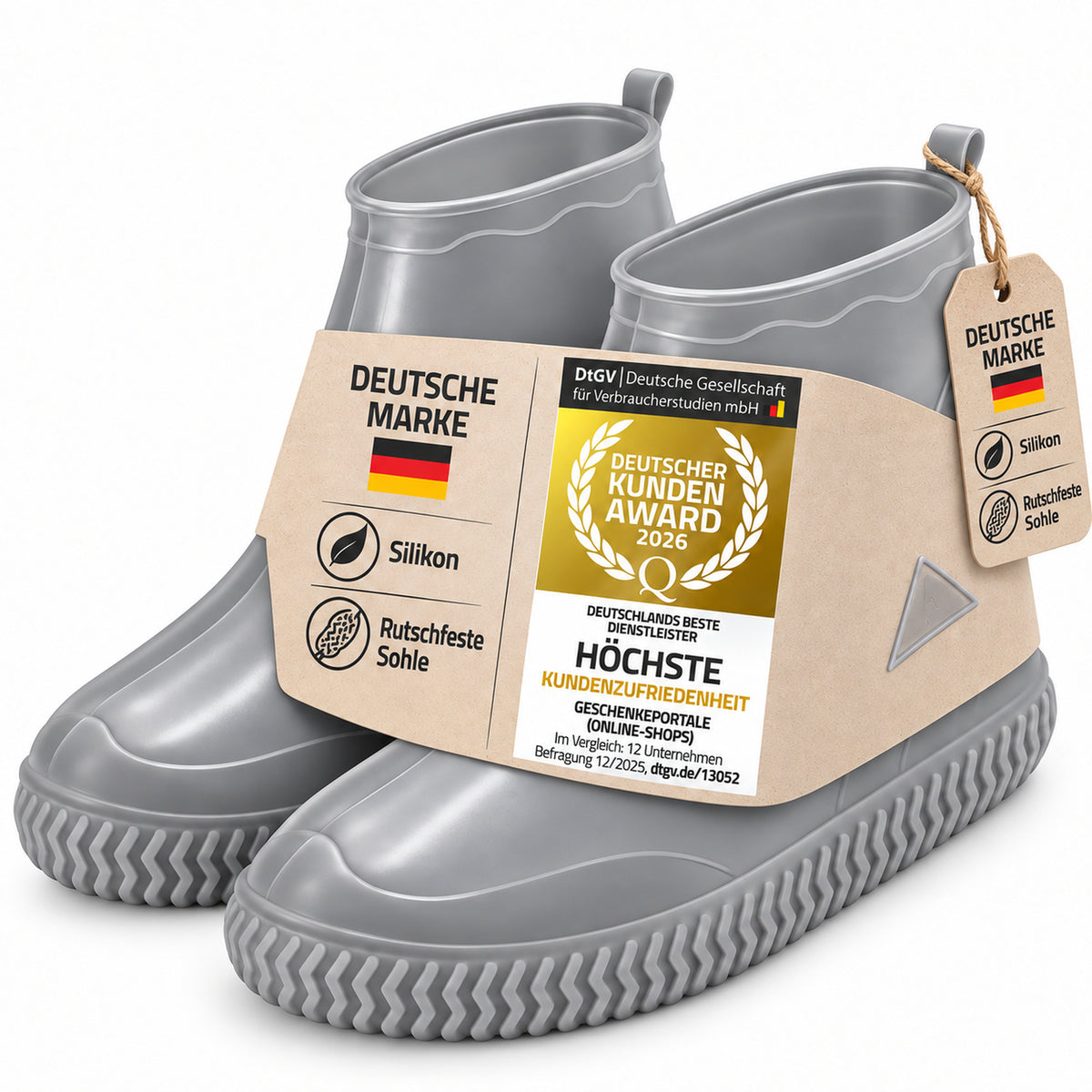 Silikon-Überschuhe Grau mit DtGV-Kundenzufriedenheitsbanderole #Farbe_Grau