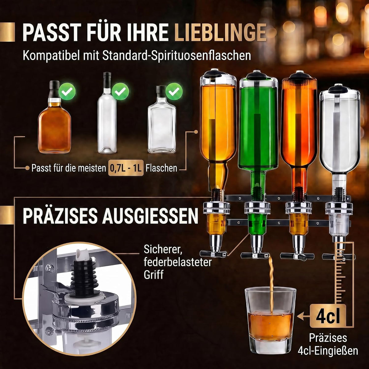 4-fach Wand-Spirituosenspender - Hochwertiger Bar-Butler & Portionierer #Variante_4-fach Wandmontage