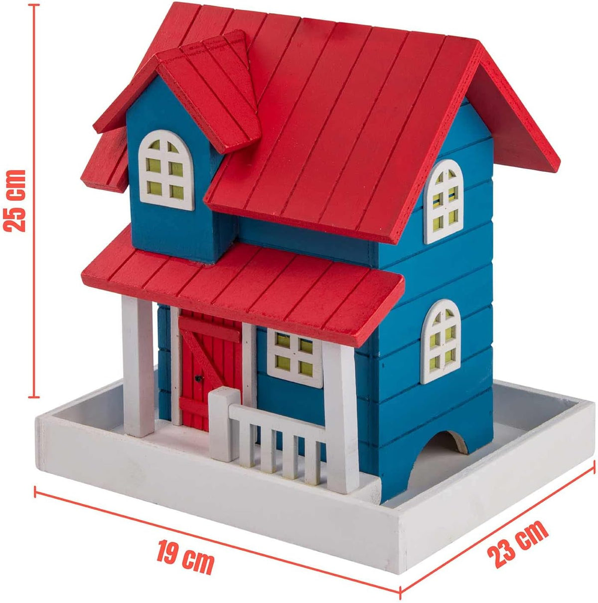 Luxus Vogelhaus im Landhaus-Stil - Fertig montiertes Futterhaus #Variante_Futterplatz (Rot/Blau)