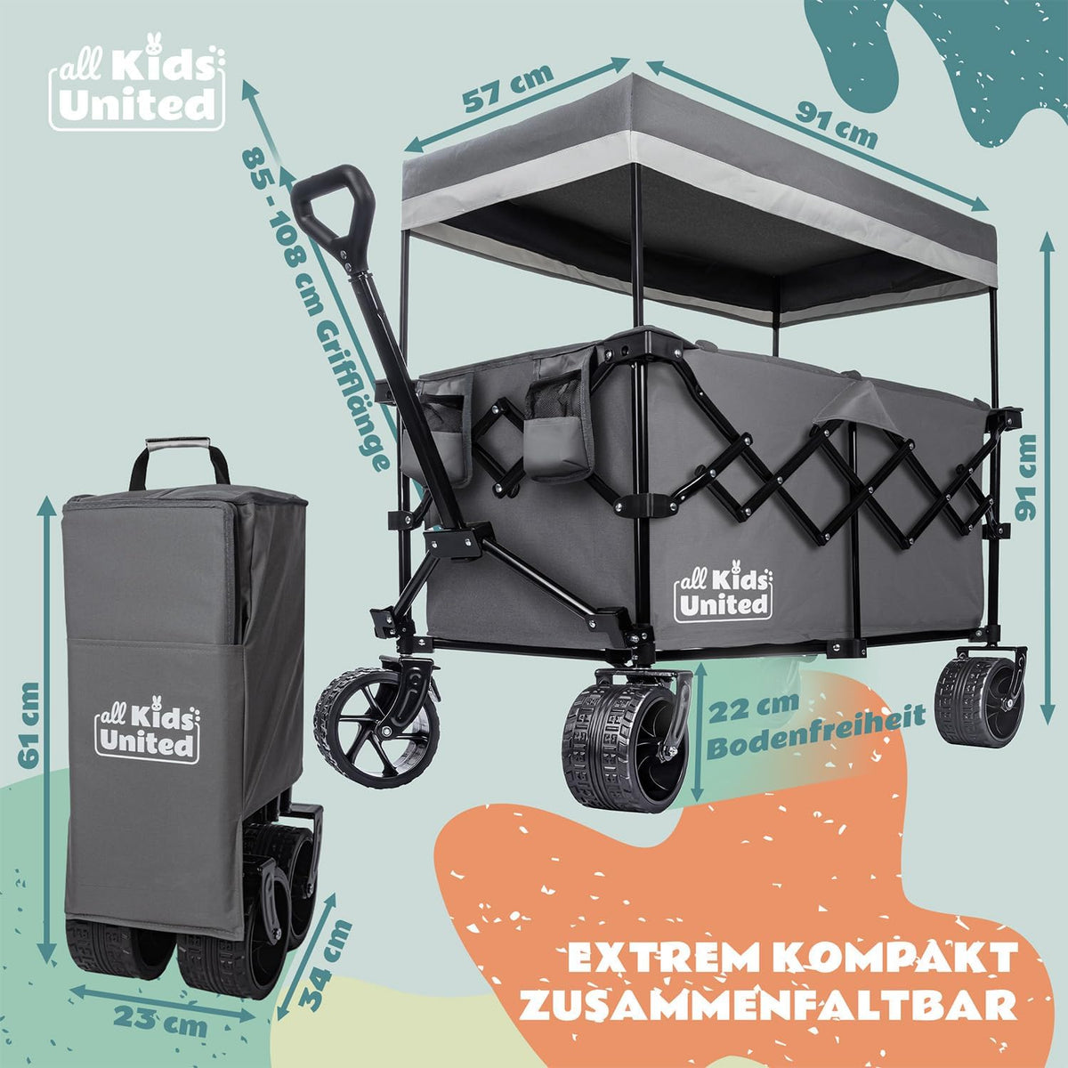 Faltbarer Bollerwagen - Strand-Buggy mit XXL Rädern & Bremse #Farbe_Grau