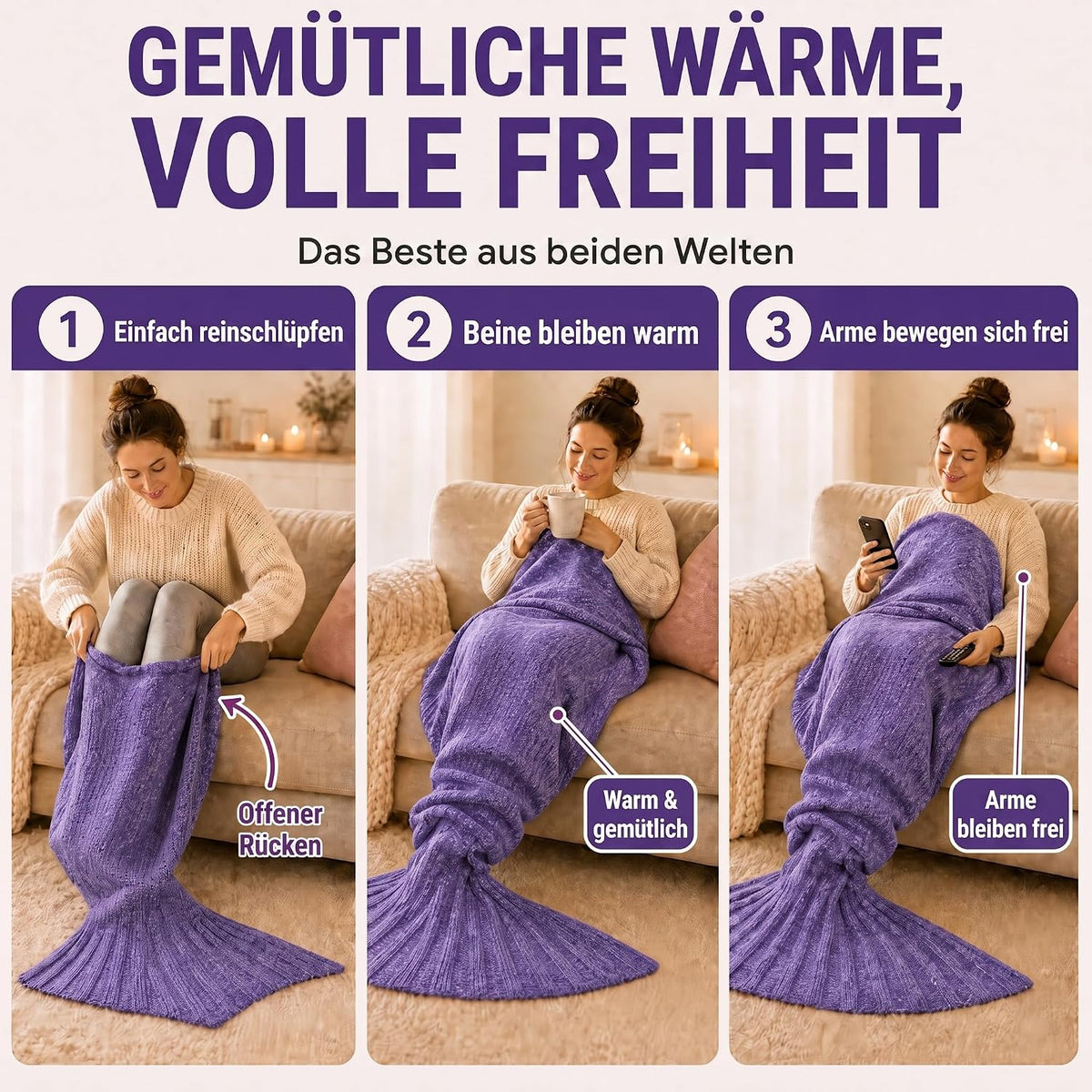 Feluna Meerjungfrau Kuscheldecke – 180x85 cm – Weiche Strickdecke #Farbe_Violett