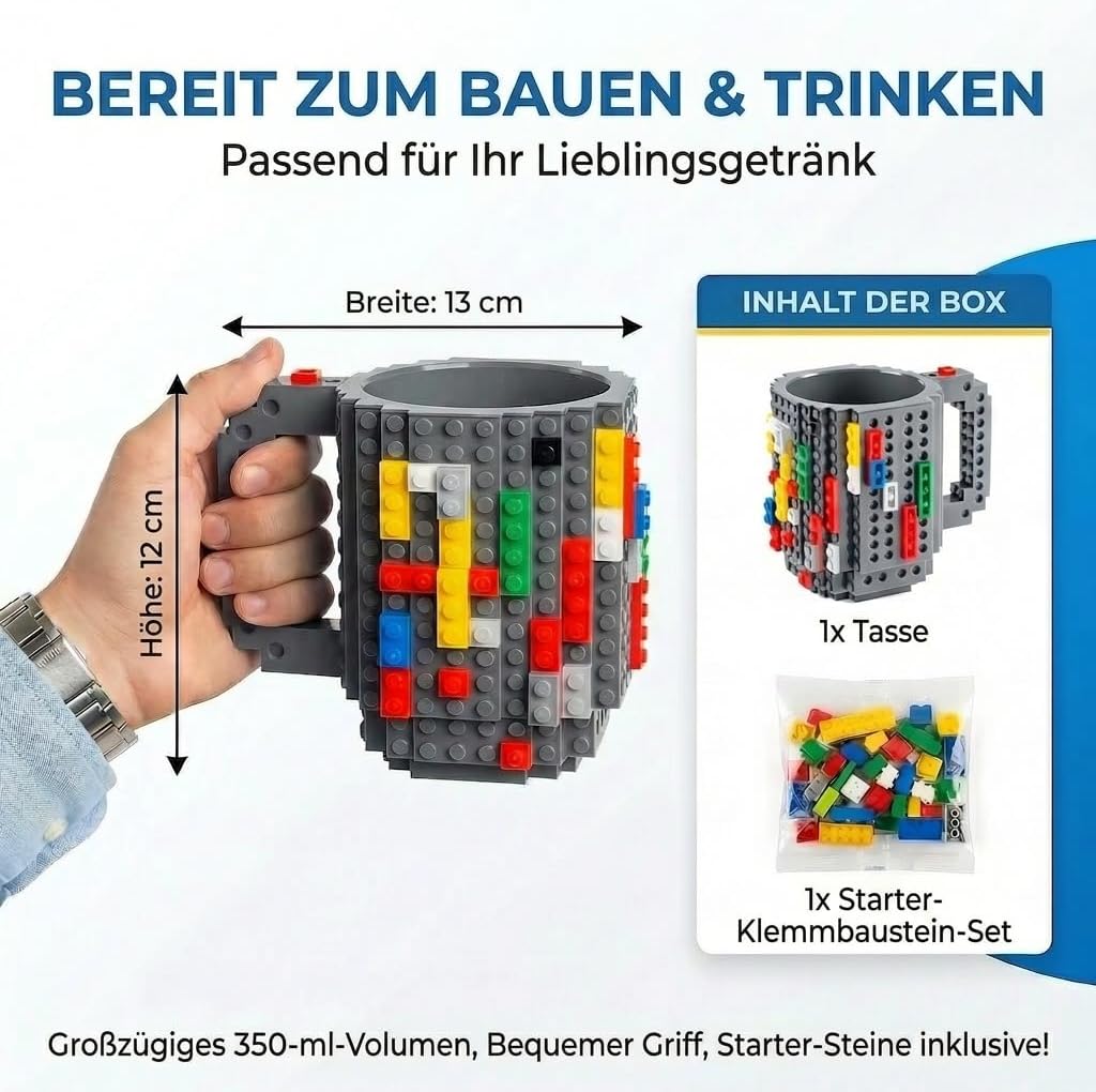Brick Mug - Bausteine-Kaffeetasse 350ml - Kompatibler DIY Becher #Farbe_Grau