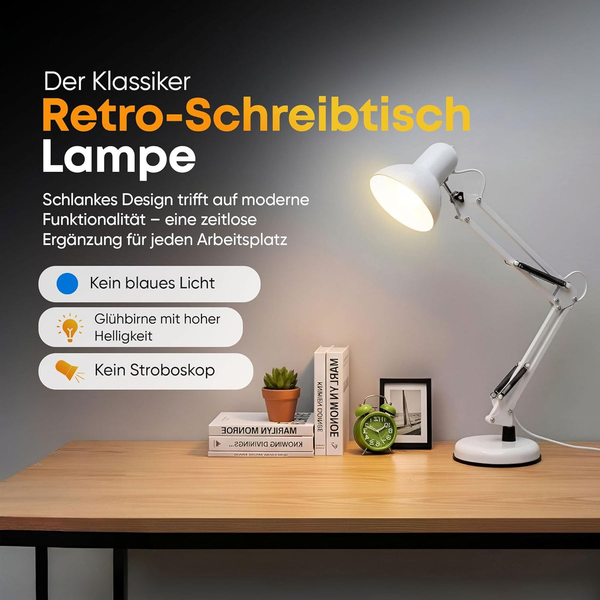 Retro Schreibtischlampe - Vintage Arbeitslampe mit Gelenk-Arm & LED #Farbe_Weiß