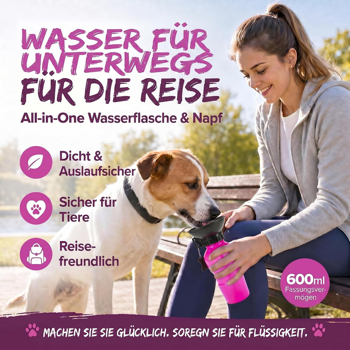 Hunde-Trinkflasche 600ml mit Napf – Auslaufsicher für Unterwegs #Farbe_Rot