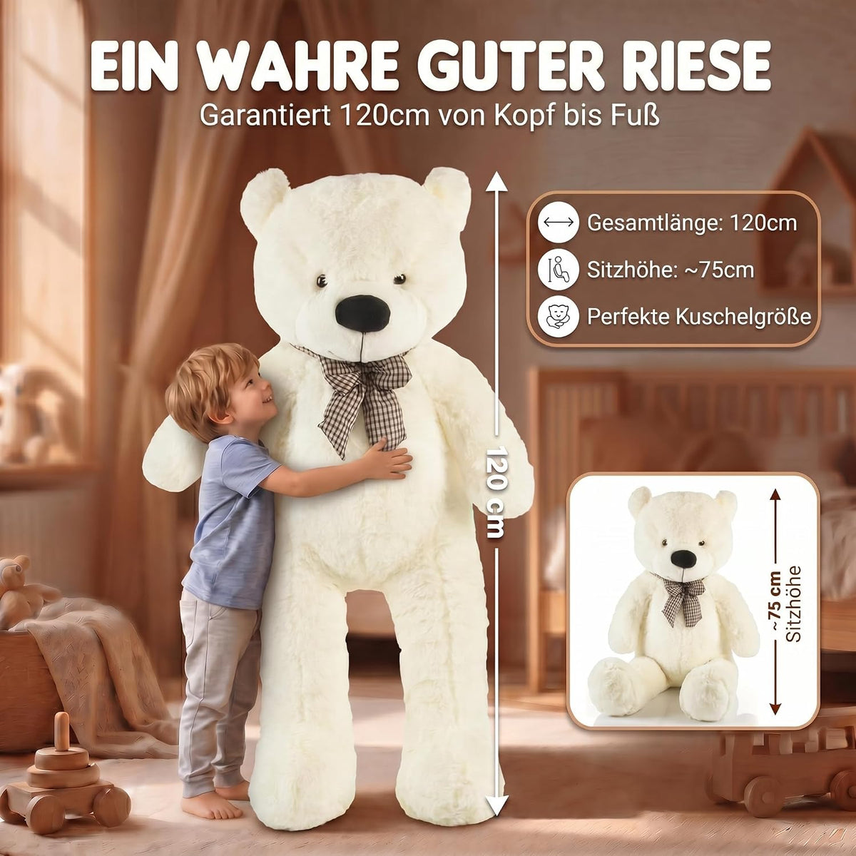 Riesen Teddybär 120 cm XXL – Kuscheliger Plüschbär Hellbraun #Farbe_Weiß
