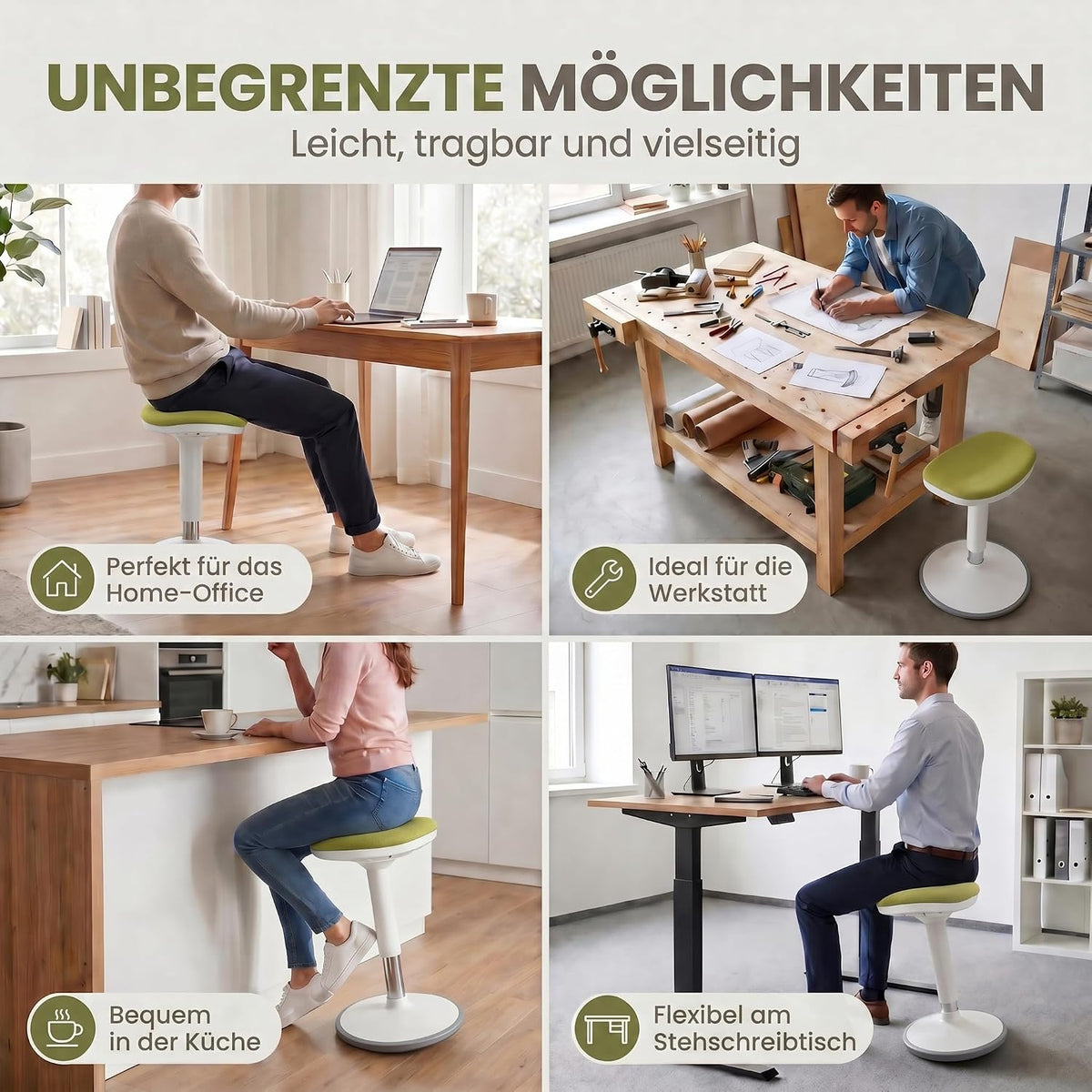 Ergonomischer Stehhocker 35-45cm - Höhenverstellbare Stehhilfe #Farbe_Grün
