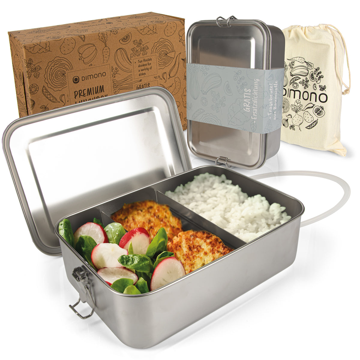 Edelstahl Lunchbox mit Baumwollbeutel – Auslaufsichere Bento-Box