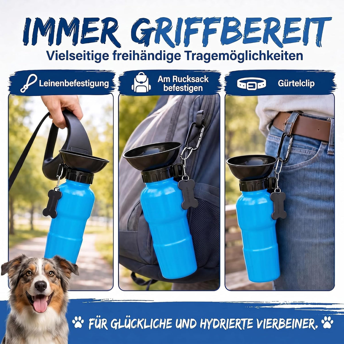Hunde-Trinkflasche 600ml mit Napf – Auslaufsicher für Unterwegs #Farbe_Blau