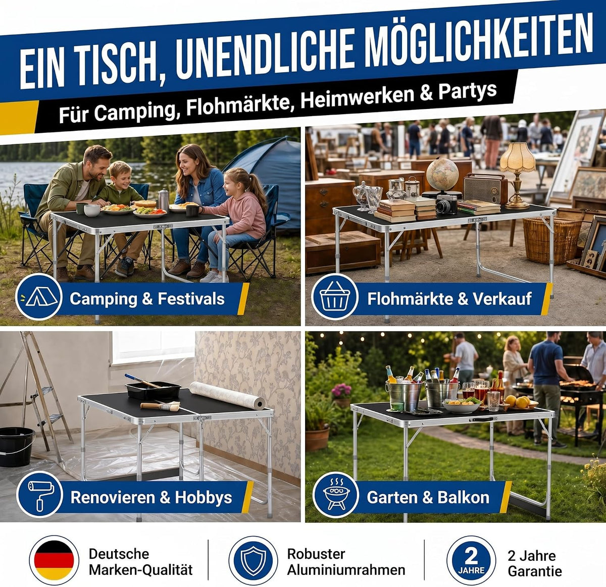Klapptisch 120x60cm - Höhenverstellbarer Campingtisch Faltbar #Farbe_Schwarz