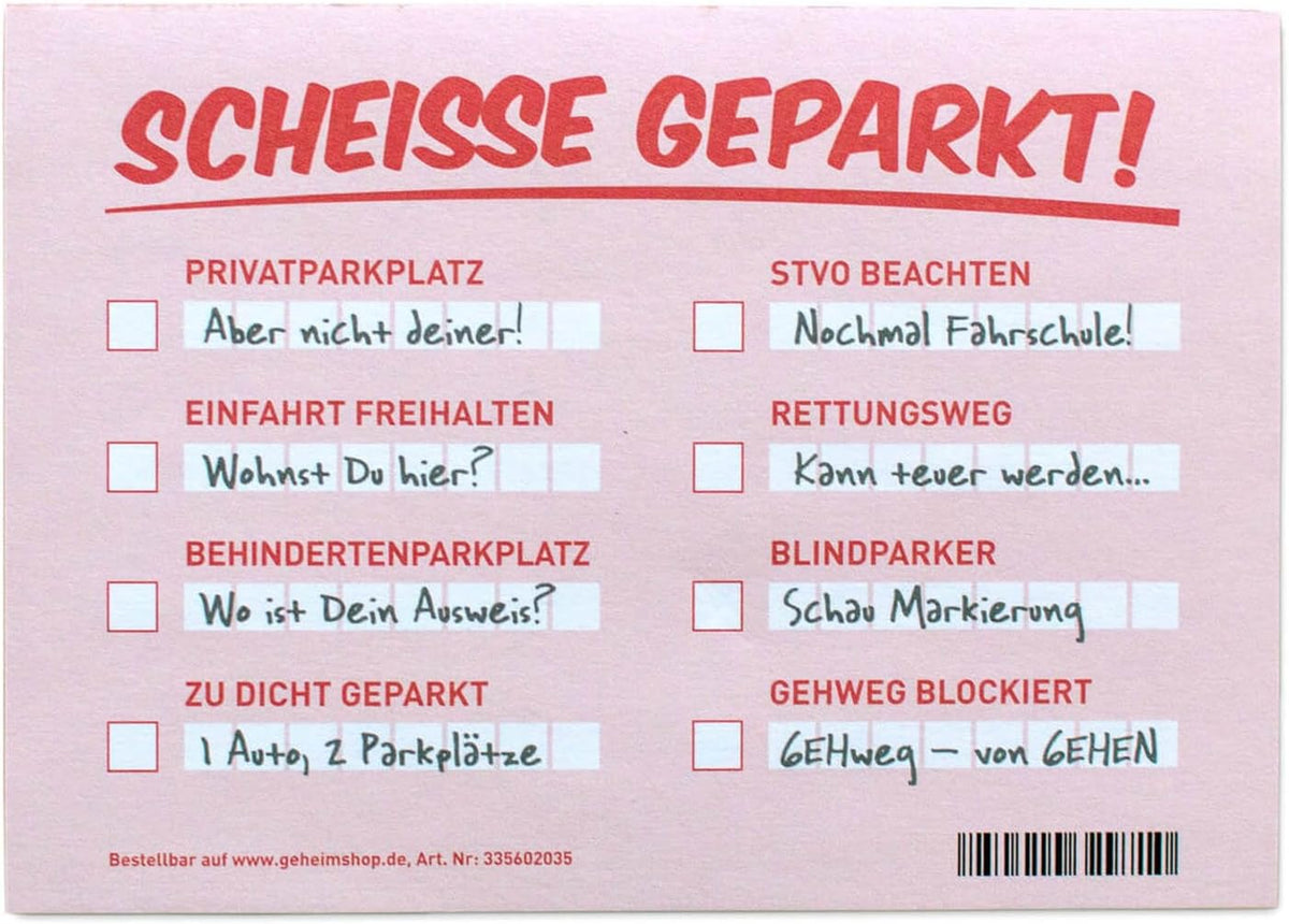 Fake Strafzettel - Scheiße geparkt Notizzettel für Falschparker