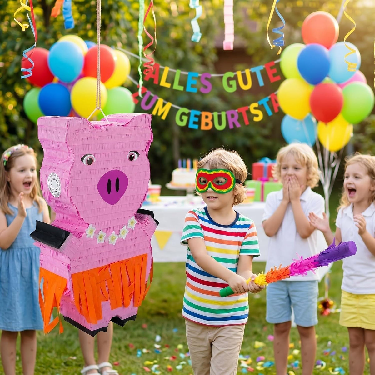 Pinata Schwein zum Befüllen - Inkl. Stick & Augenmaske - Party-Deko