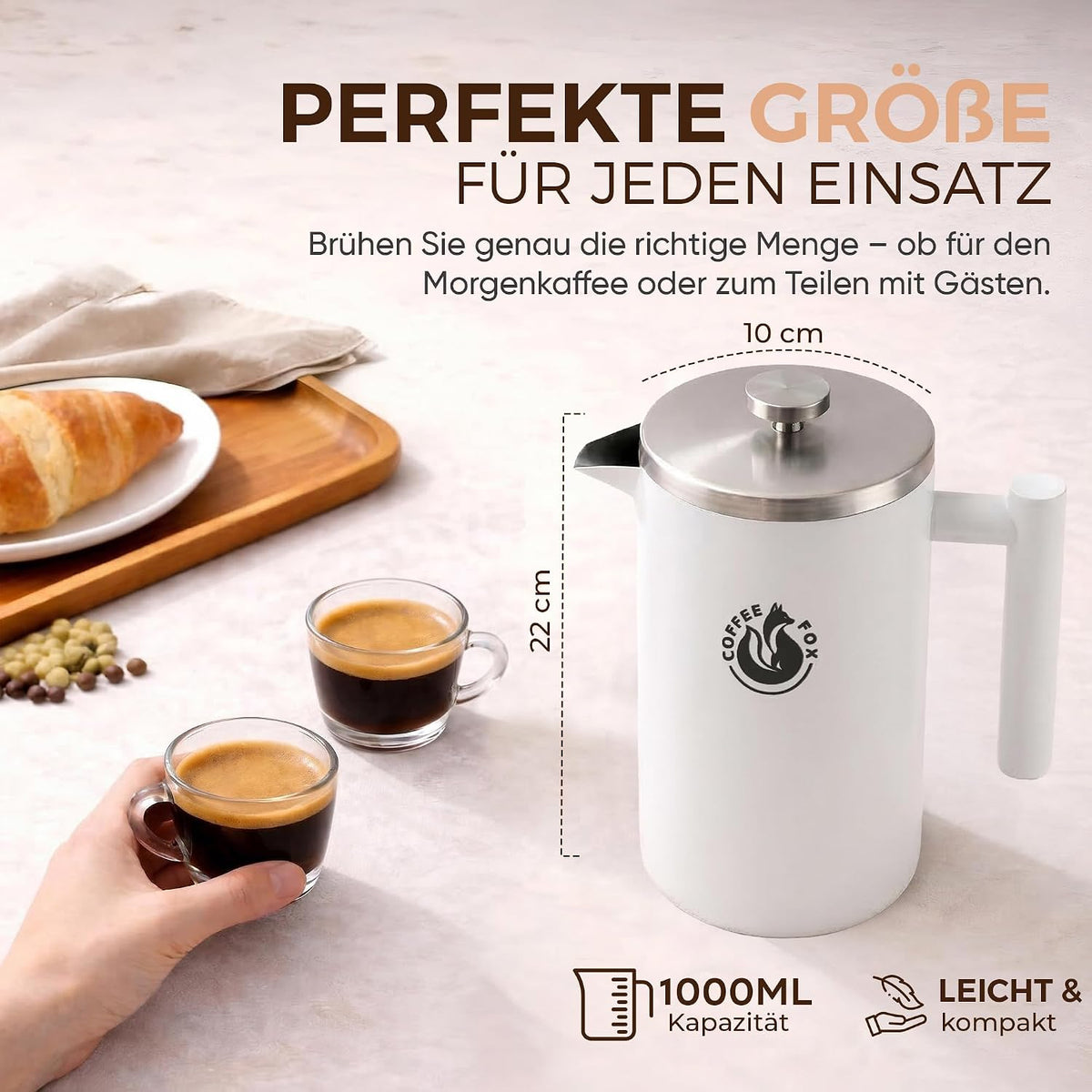 Coffee Fox French Press weiß 1000ml – Maße 10 × 22 cm #Größe_1000ml