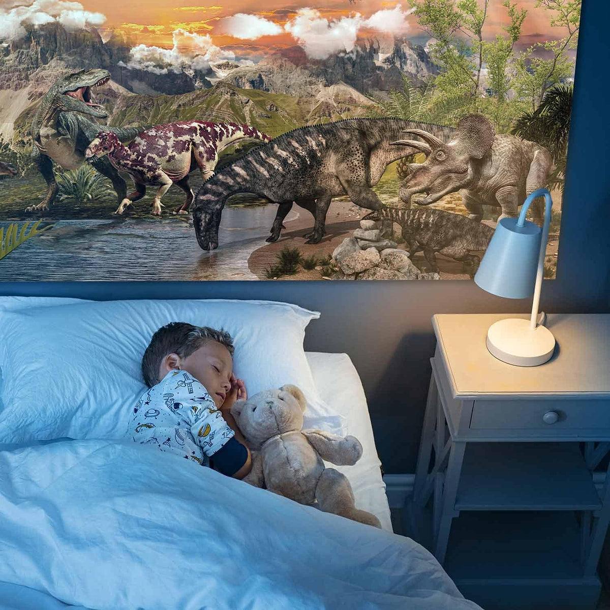 XXL Dinosaurier Poster 90x45cm - Premium Dino Wandbild für Kinder #Variante_Seenlandschaft