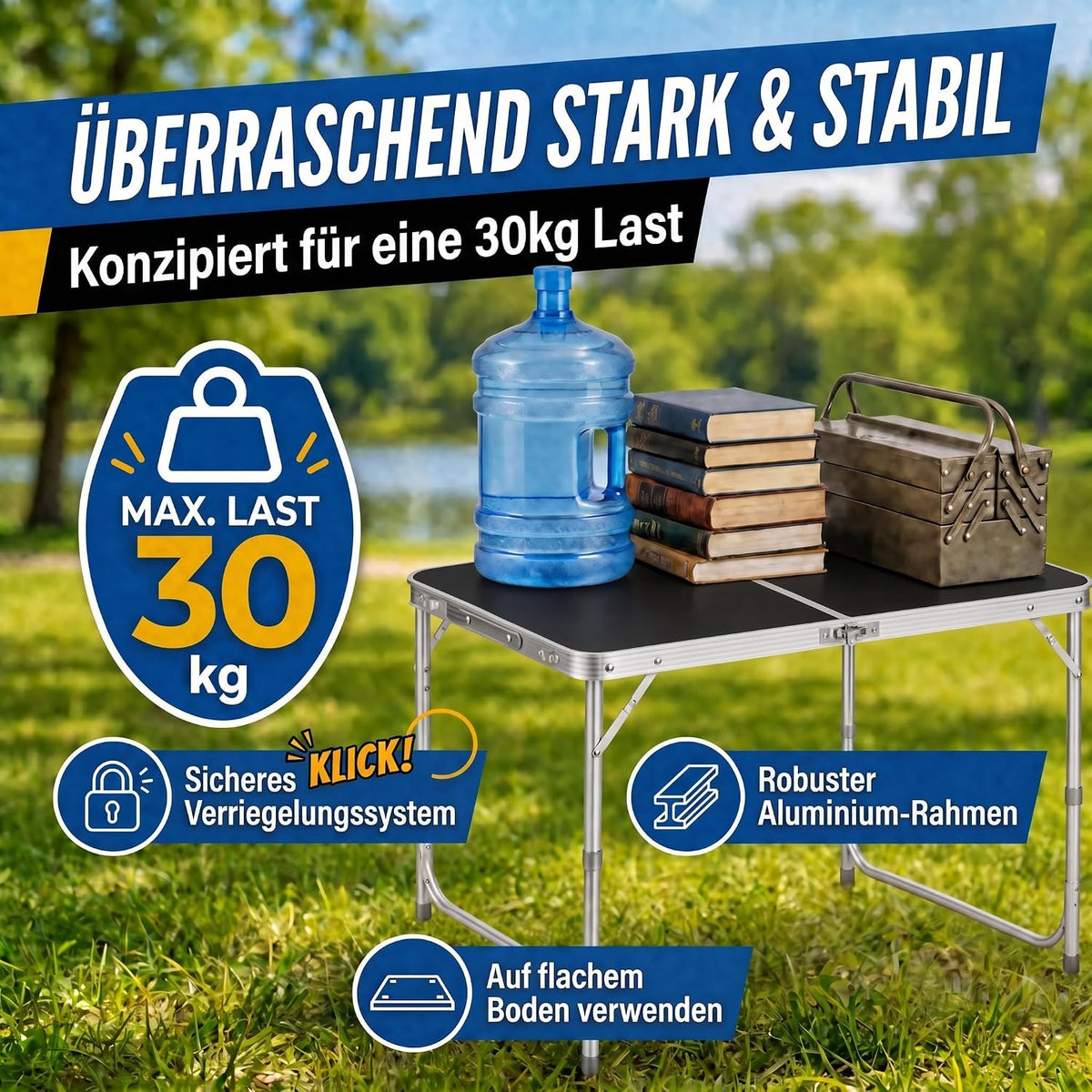 Klapptisch 120x60cm - Höhenverstellbarer Campingtisch Faltbar #Farbe_Schwarz