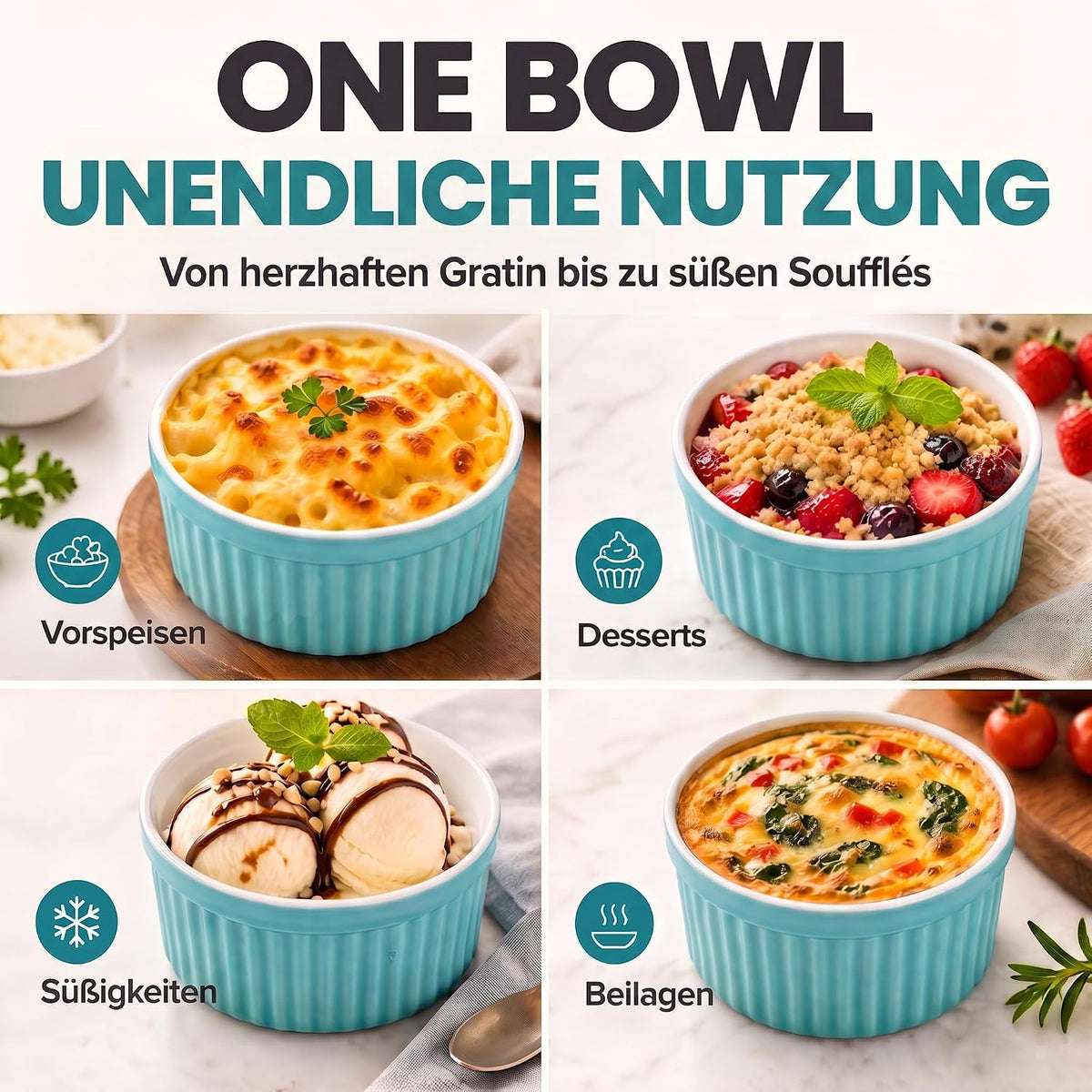 8er Set Dessertschalen & Creme-Brulée-Förmchen aus Keramik Weiß #Farbe_Türkies