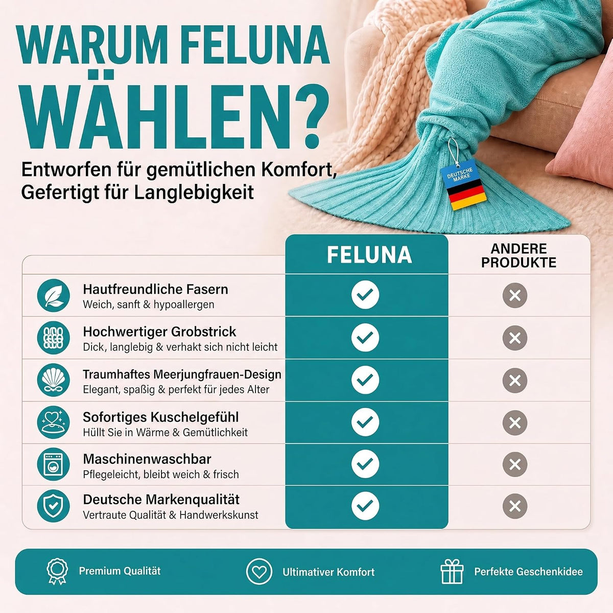 Feluna Meerjungfrau Kuscheldecke – 180x85 cm – Weiche Strickdecke #Farbe_Mint-Grün