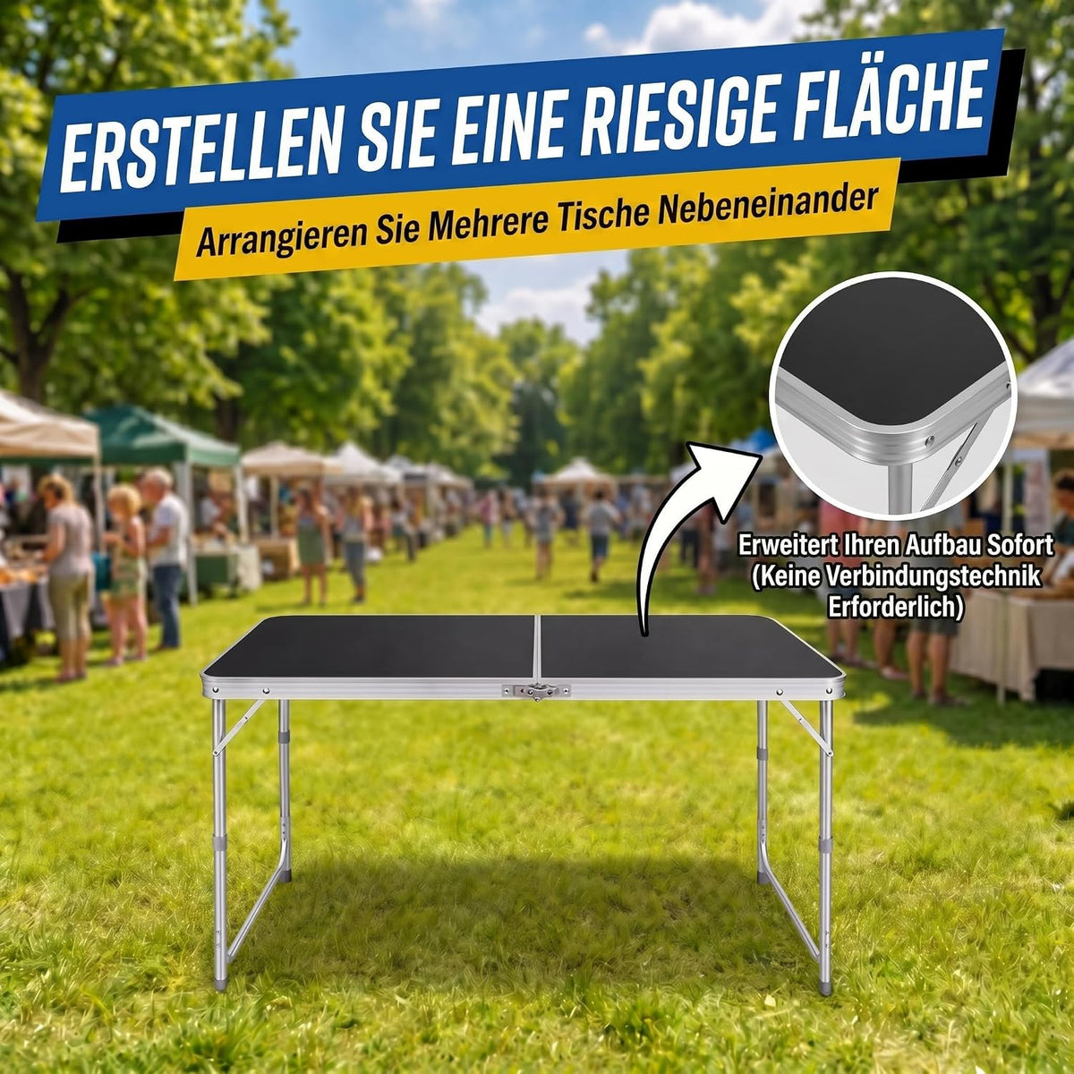 Klapptisch 120x60cm - Höhenverstellbarer Campingtisch Faltbar #Farbe_Schwarz
