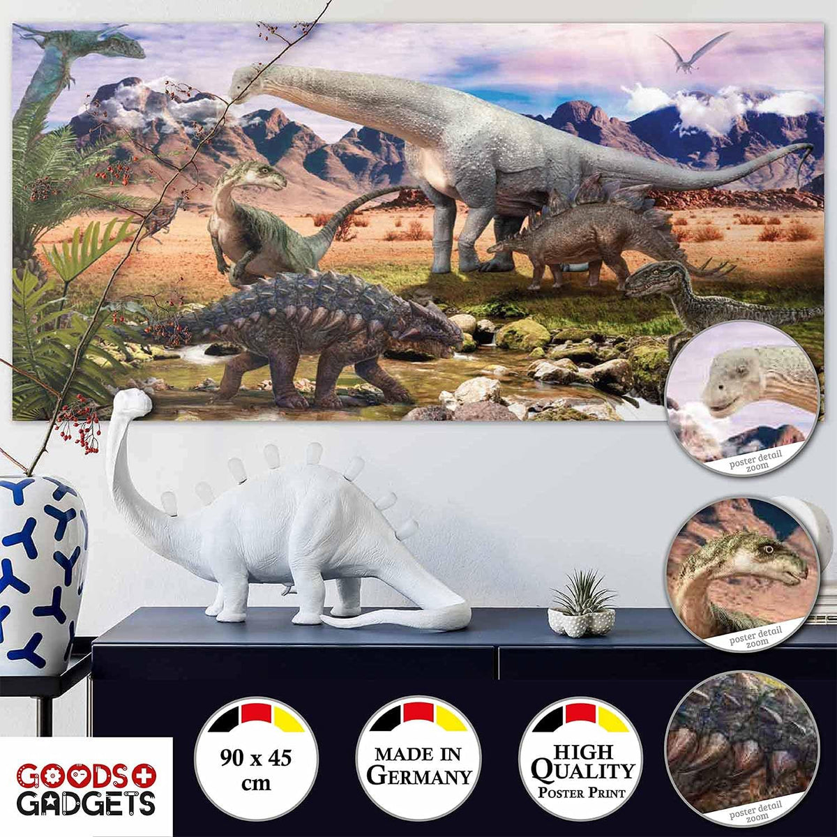 XXL Dinosaurier Poster 90x45cm - Premium Dino Wandbild für Kinder #Variante_Steppenlandschaft