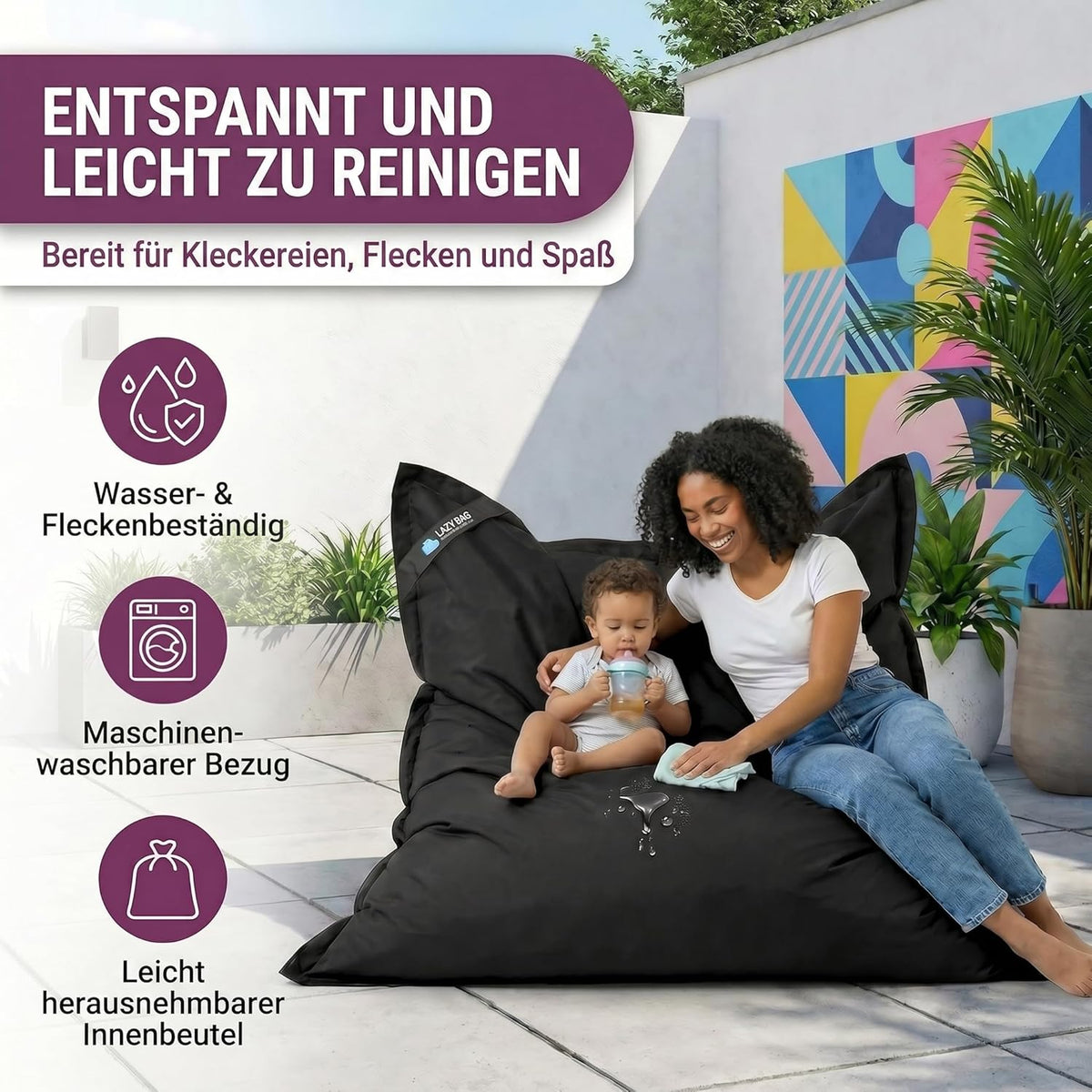 LazyBag Outdoor Sitzsack Junior – Wasserfestes Sitzkissen für Kinder #Farbe_Schwarz